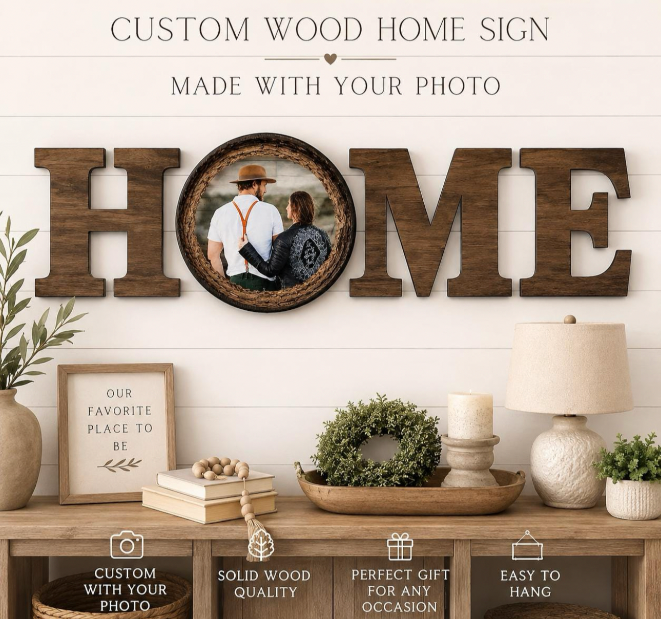 Personalized Wood Photo HOME Sign– Handmade in Canada | Rustic Custom Photo Wall Art